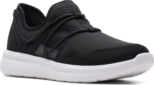 A black slip-on sneaker with a white sole and mesh upper featuring elastic laces.