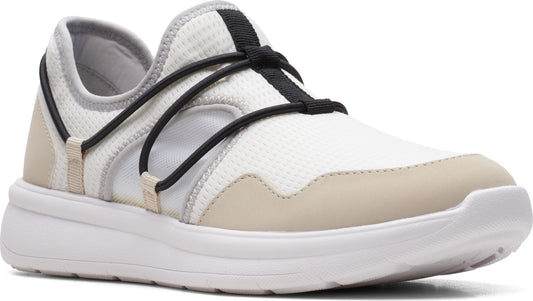 Slip-on sneaker featuring a white mesh upper with beige accents and black bungee cord laces on a white sole.