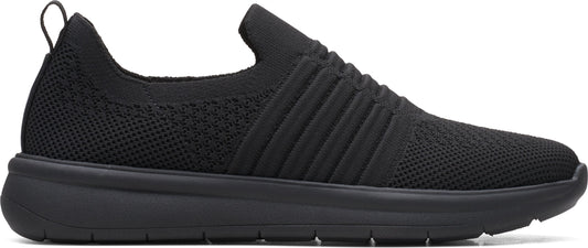 Black slip-on sneaker with knit upper and thick sole.