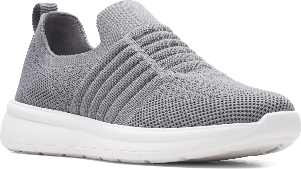 Light gray slip-on sneaker with a white sole.