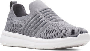 Light gray slip-on sneaker with a white sole.
