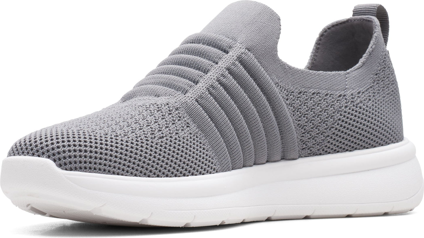 Grey knit slip-on sneaker with a thick white sole and a ribbed elastic band over the instep.