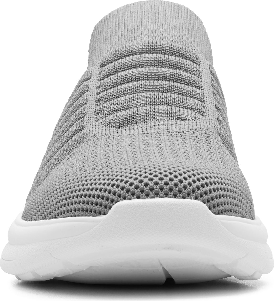 Close-up of a gray knit slip-on sneaker with a white sole.