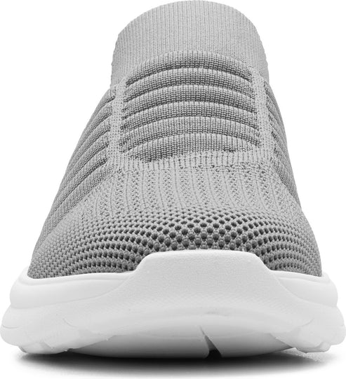 Close-up of a gray knit slip-on sneaker with a white sole.