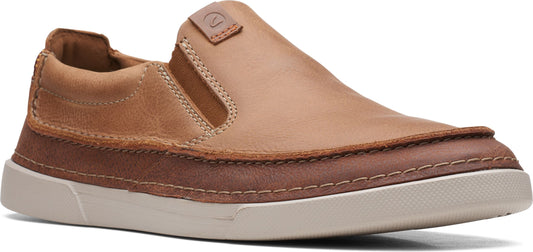 Slip-on shoe with a light-brown upper and dark-brown trim.