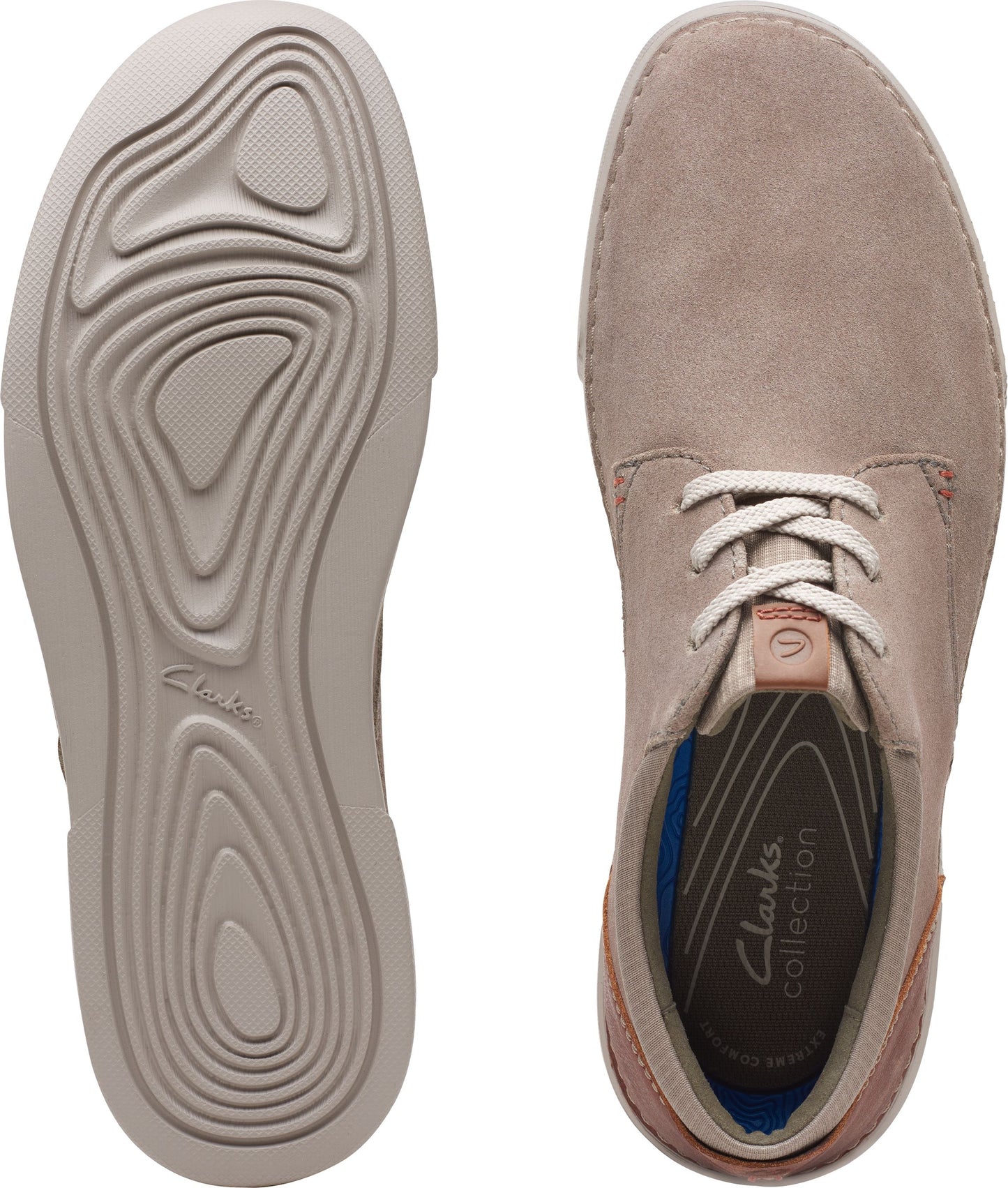 Tan suede shoe with cream laces seen from above and bottom view showing beige sole.