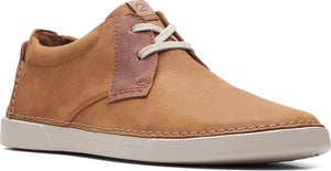 Tan leather shoe with off-white laces and a white sole.