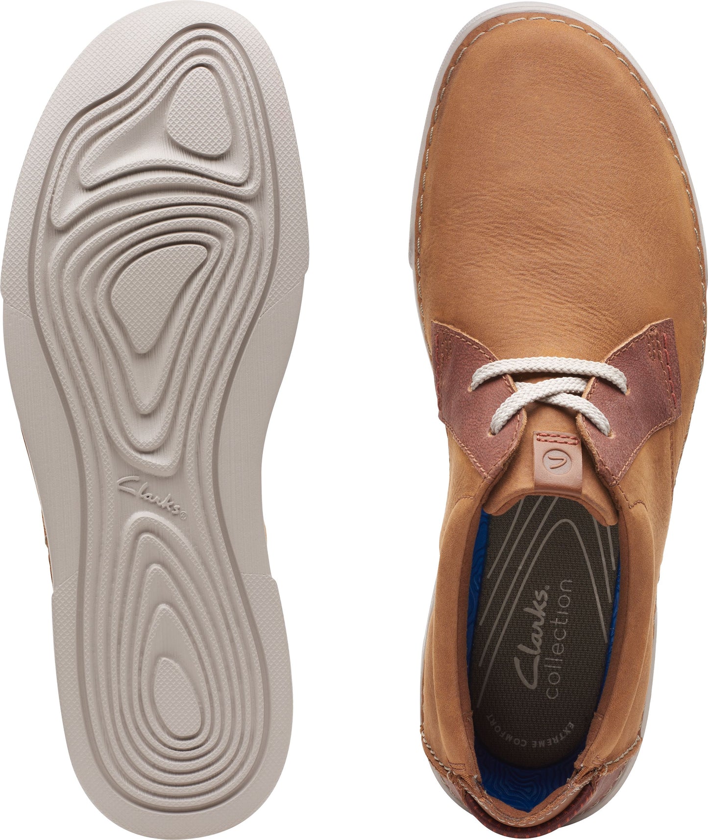 Top-down view of a light brown leather boot with white laces and sole, along with a view of the sole's patterned texture.