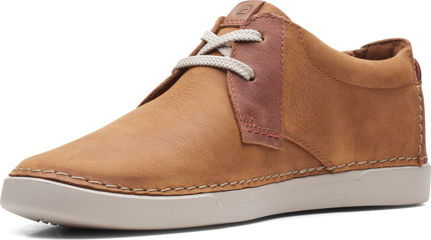 Tan casual leather shoe with white laces and sole.