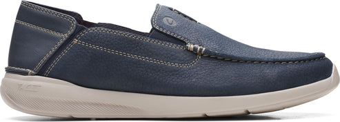 A navy blue leather loafer with a tan sole.