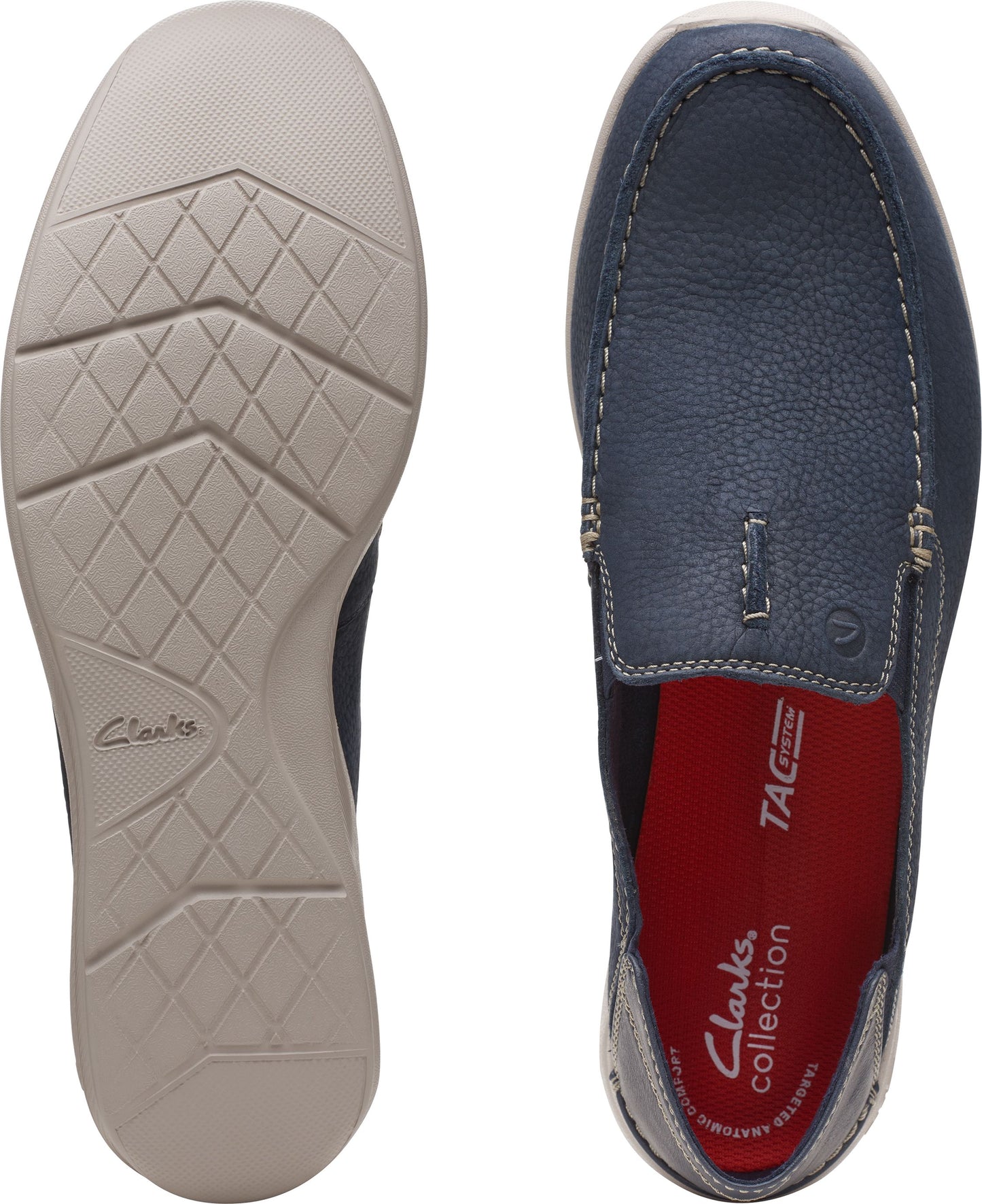 Two casual leather shoes. The first displays the beige sole, and the other shows the top of the shoe, a dark blue loafer with white stitching around the top and red insole.