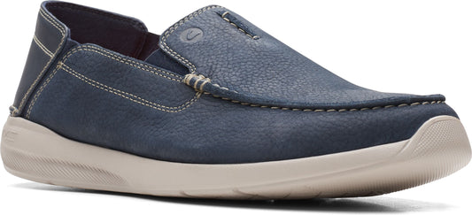 Navy slip-on shoe with a tan sole.