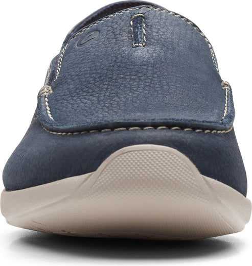 Blue leather slip-on shoe with beige sole.