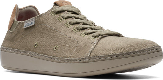 Tan sneaker with brown heel detail and tan sole.