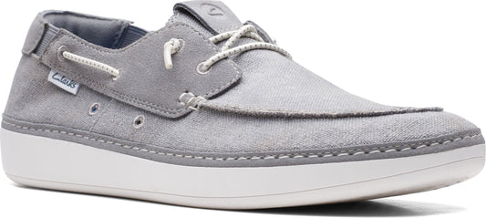 A gray boat shoe with white laces and white soles.