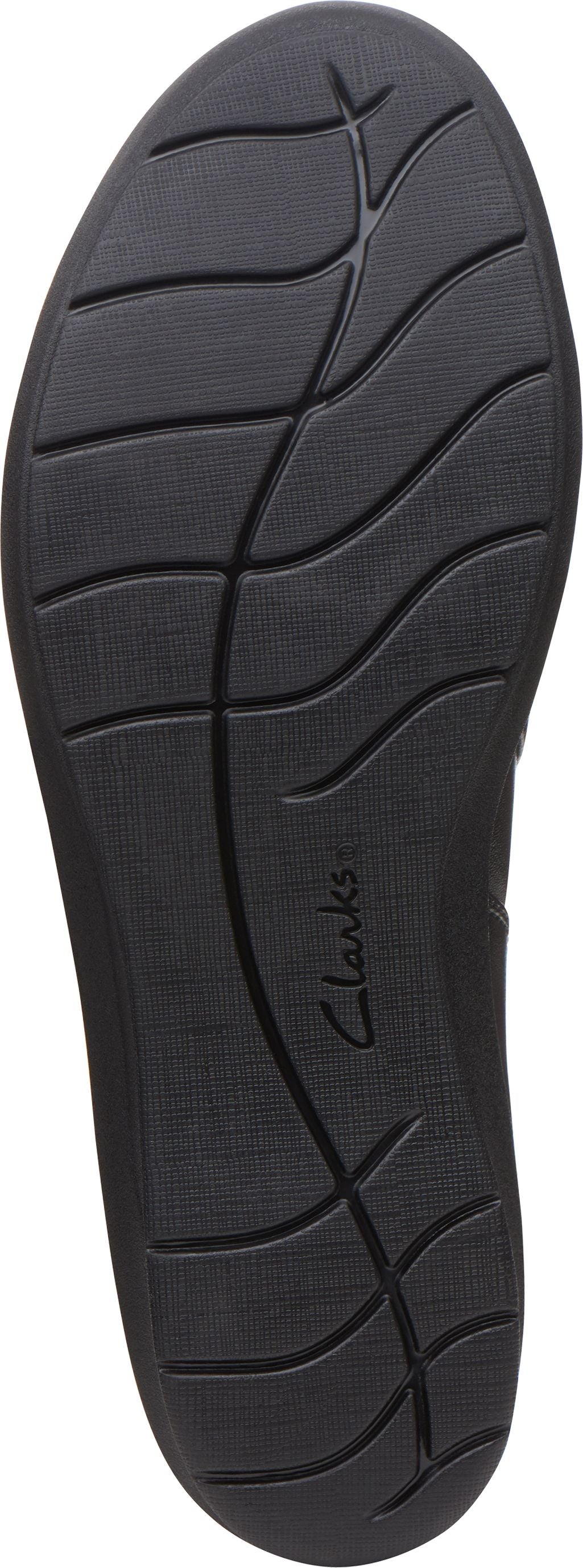 A black shoe sole with a leaf-like pattern and the word "Clarks" visible.