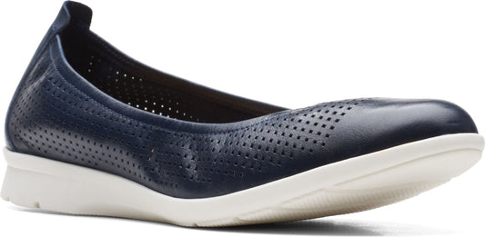 A navy blue perforated leather flat shoe with a white sole.