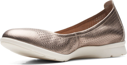Metallic bronze ballet flat with perforated upper and white sole.