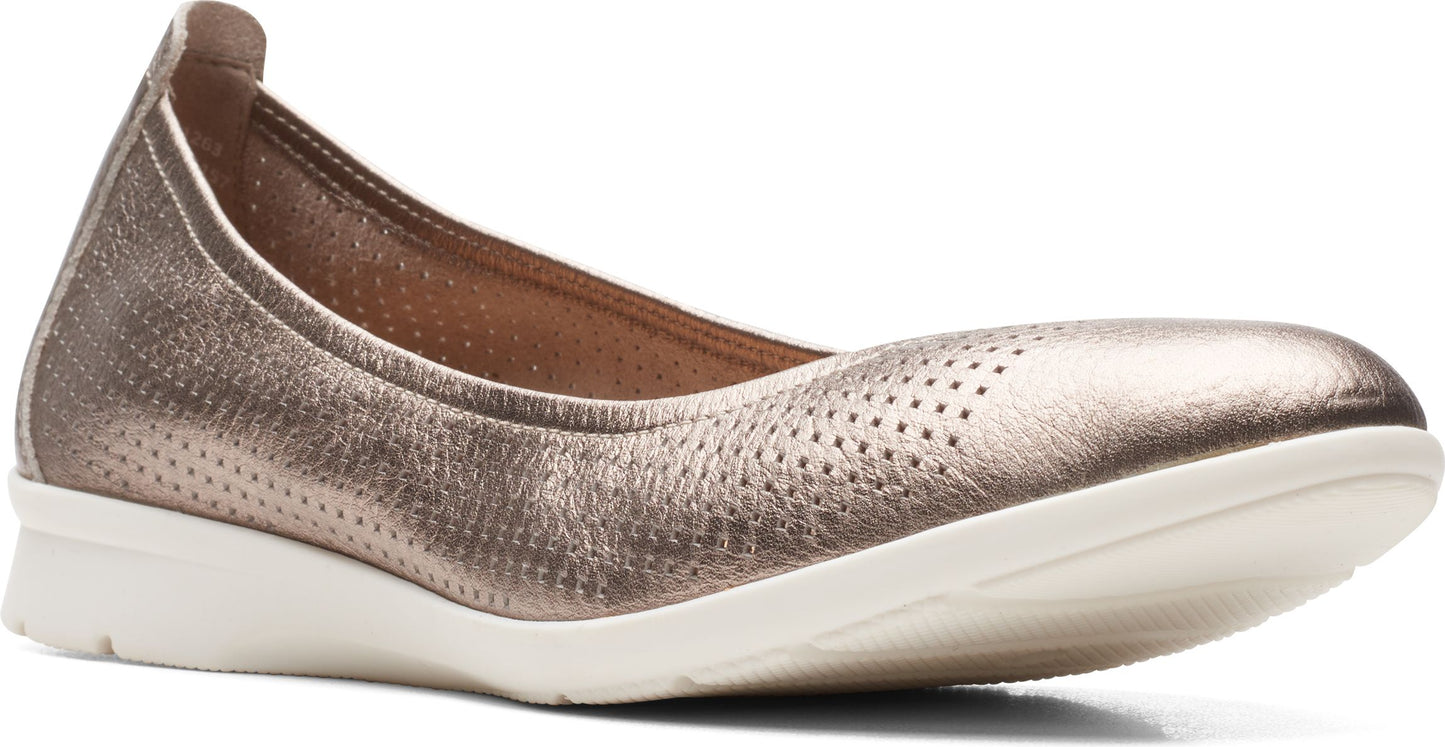 Metallic flat shoe with white sole and rounded toe featuring a perforated design.