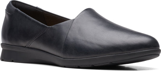Black leather flat shoe with a low heel.