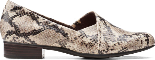 A snake skin patterned loafer with a low block heel.