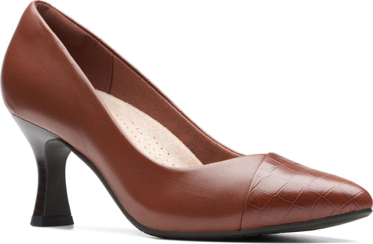 Brown high heel pump with reptile print toe.
