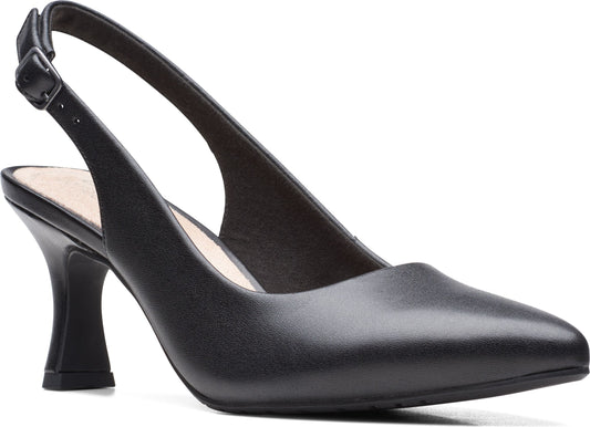 Black, pointed-toe, leather slingback heel with adjustable buckle.