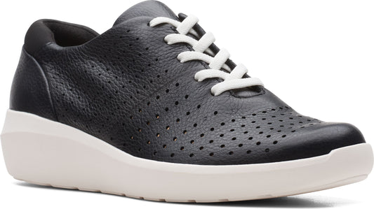 A black leather sneaker with white laces and a thick white sole.