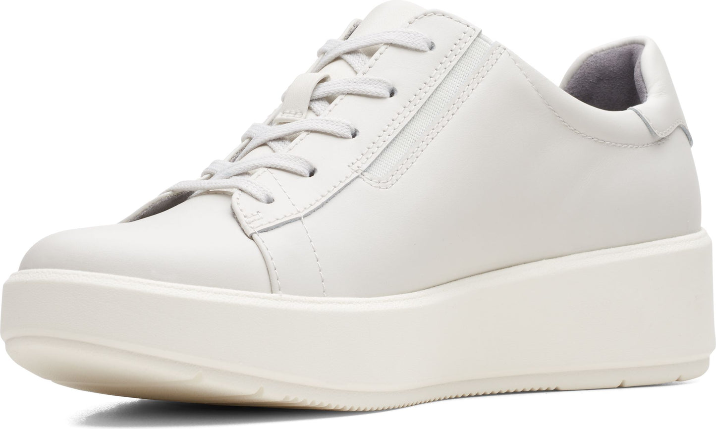 White leather low-top sneaker with a chunky white sole and lace-up closure.
