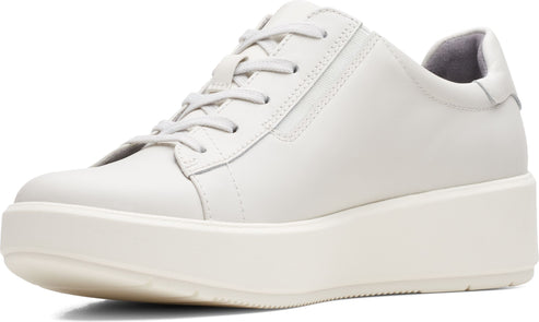 White leather low-top sneaker with a chunky white sole and lace-up closure.