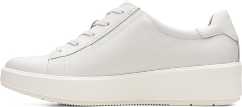 A white leather sneaker with a lace-up closure and a platform sole.