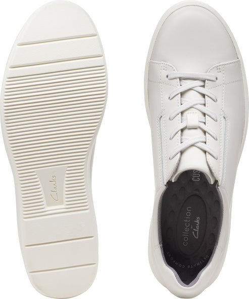 White leather tennis shoes, shown from top and sole.
