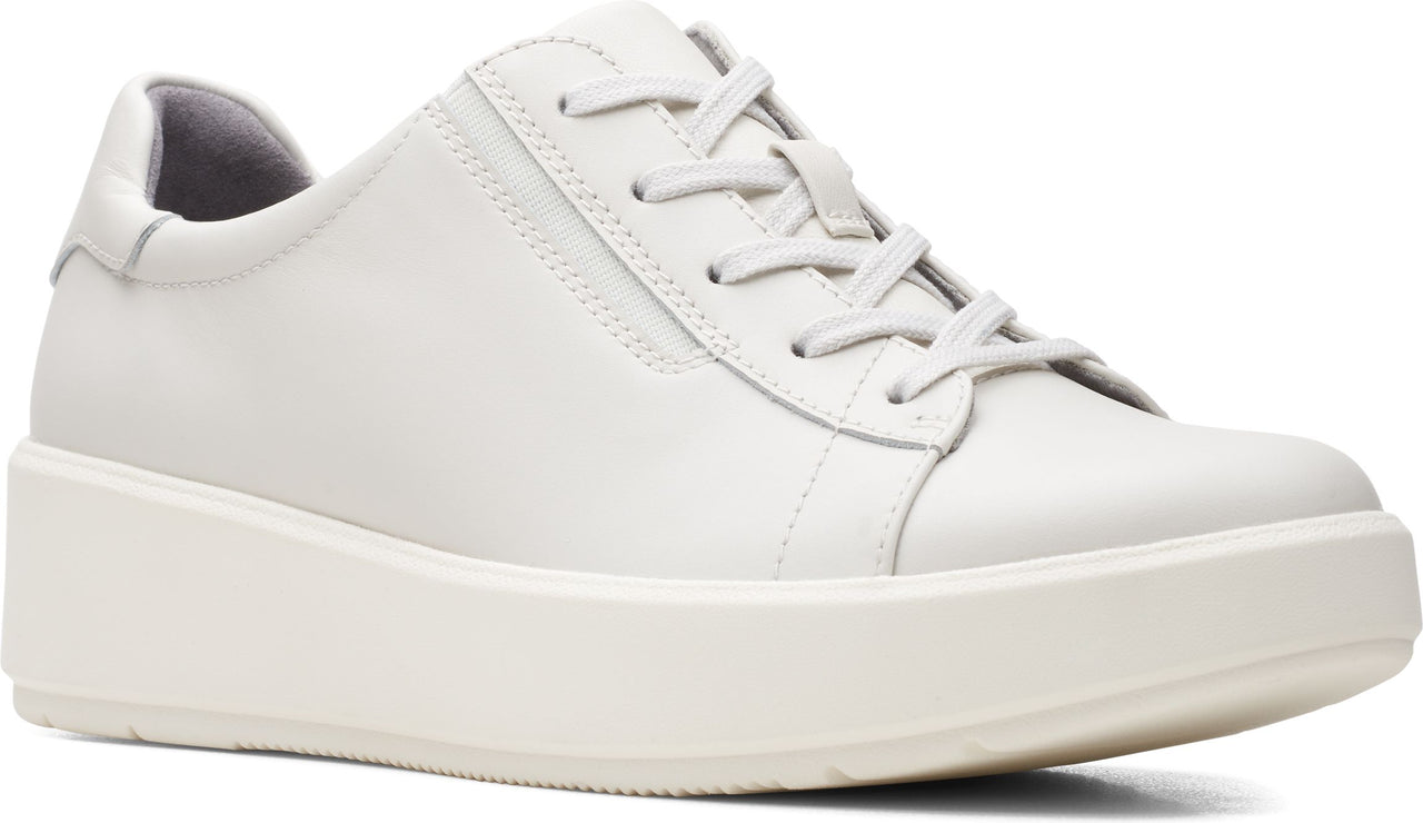 White leather platform sneaker with lace-up closure.