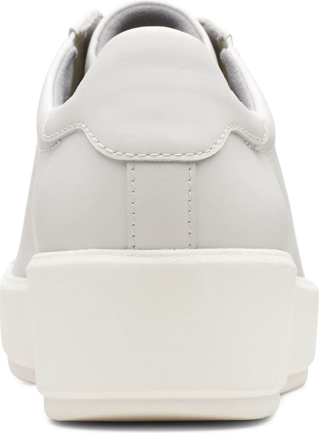 Back of a white sneaker showing platform style sole.