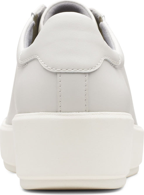 Back of a white sneaker showing platform style sole.