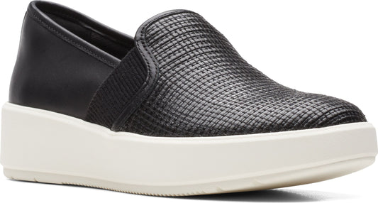 Black slip-on shoe with woven pattern and white platform sole.