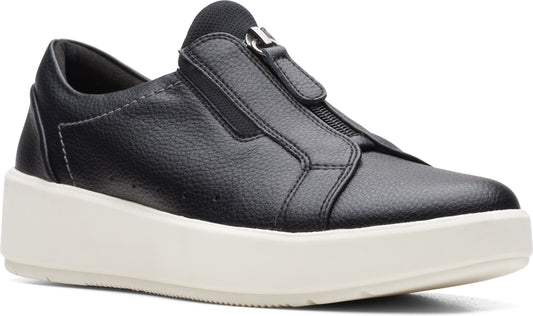 Black sneaker with a zipper on the top of the shoe and a white sole.