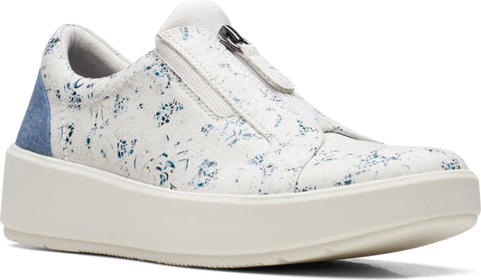 White floral slip-on platform sneaker with a zipper.