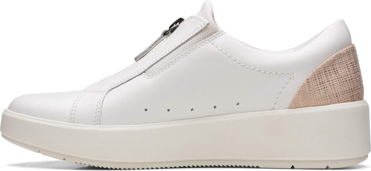 A white sneaker with a zipper closure.