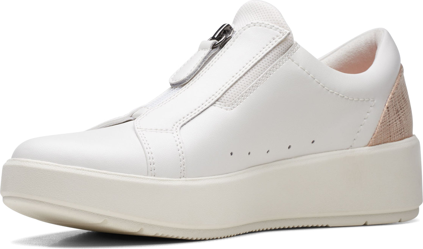 White leather sneaker with a central zipper and a low, off-white platform sole.