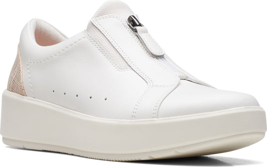 White leather sneaker with decorative zipper and small holes along the side.