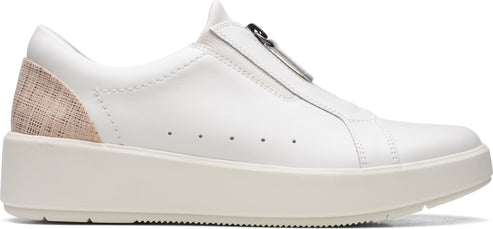 A white slip-on sneaker with a zipper.