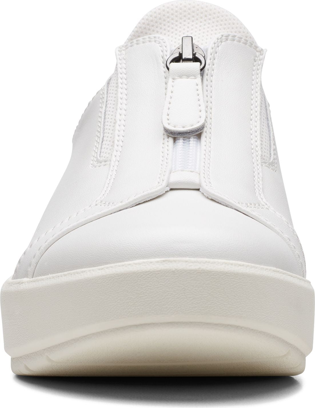 White leather slip-on sneaker with zip closure.