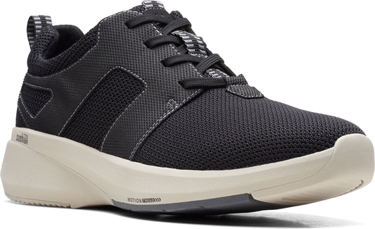 Black running shoe with black laces and thick light-colored sole.