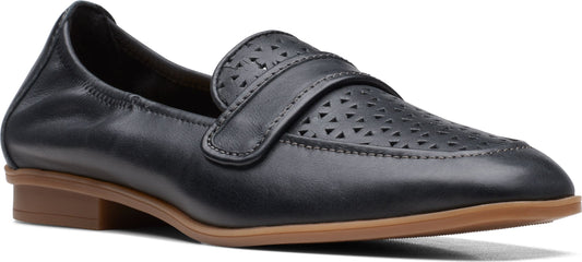 A black leather loafer with decorative perforations on the vamp.