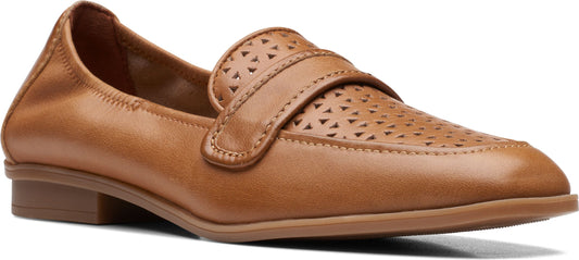 A tan perforated leather loafer.