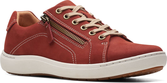 Reddish-brown sneaker with white sole and tan laces, featuring a side zipper.