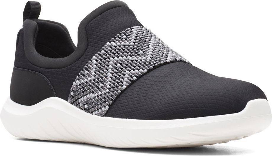 Black slip-on sneaker with gray and white patterned elastic band and a white sole.