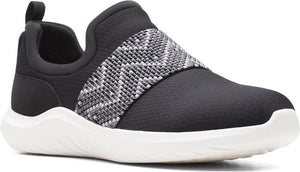 Black slip-on sneaker with gray and white patterned elastic band and a white sole.