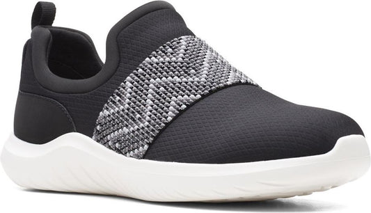 Black slip-on sneaker with gray and white patterned elastic band and a white sole.